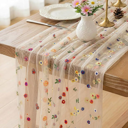 Table Runner 10FT Floral Gauze Tea Party Decorations Embroidery | Champagne by FEXIA