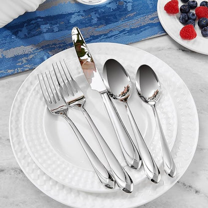 KEAWELL Premium Astra Flatware Set, 65-Piece for 12, Mirror-Finished 18/10 Stainless Steel Silverware, Modern Cutlery Dishwasher Safe for Meals and Gatherings (65, Silver)