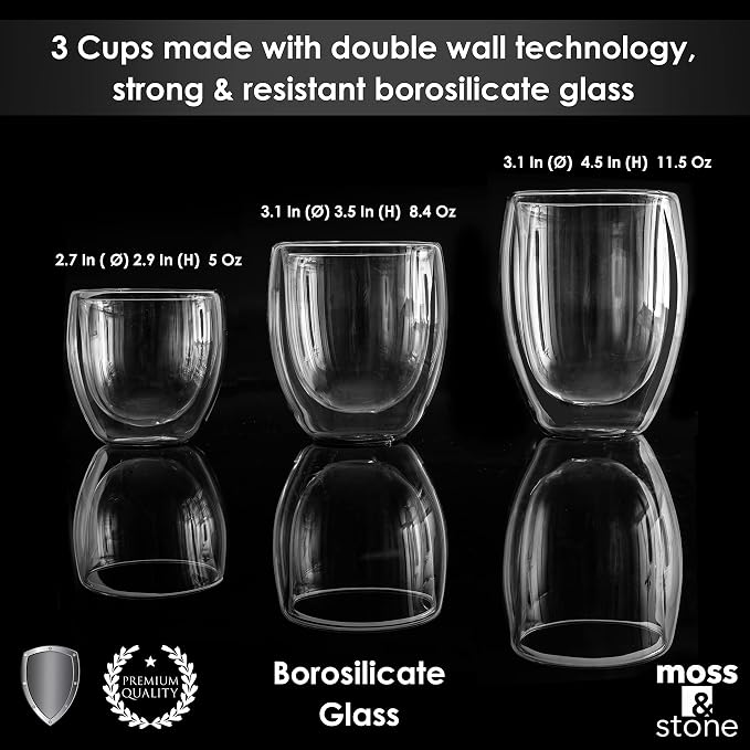 Moss & Stone Set of 3 Double Wall Glass Cup Clear Mug, Double Walled Coffee Mugs - Image 4