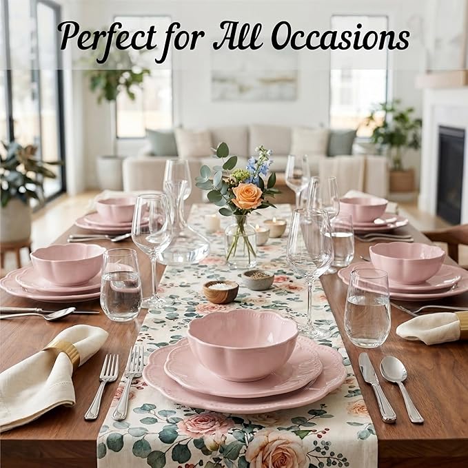 Sango 12 Pieces Scalloped Dinnerware Set, Modern Pink Dishes - Image 6