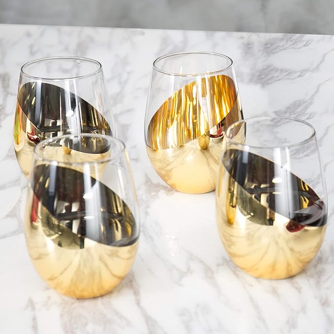 MyGift Luxury Stemless Wine Glasses Gift Set of 4 Modern Brass Accent Barware by MyGiftHome
