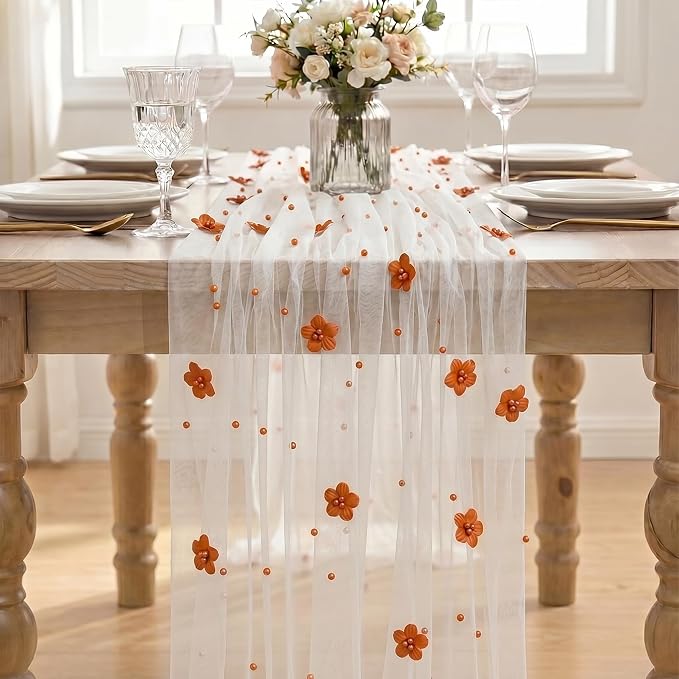 Artoid Mode Caramel Flower Pearl White Gauze Table Runner 10FT, Seasonal Sheer - Image 2