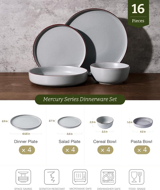 Famiware Mercury 16-Piece Stoneware Plates and Bowls, Light Grey | Dinnerware - Image 2