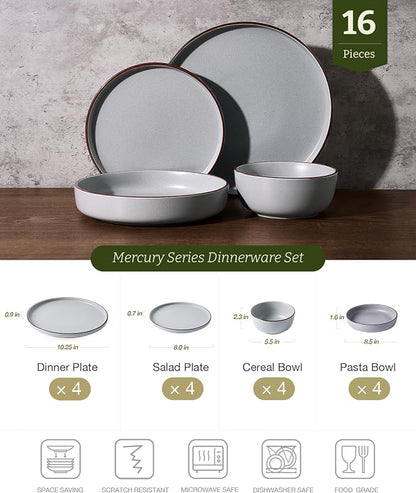 Famiware Mercury 16-Piece Stoneware Plates and Bowls, Light Grey | Dinnerware - Image 2