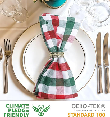 Urban Villa Cotton Dinner Napkins Set of 6, Highly Absorbent 20x20 Inches Premium Cloth Napkins Hotel Quality Reusable & Washable Table Dinner Napkins for Home & Weddings - Red/Green/White, Checks