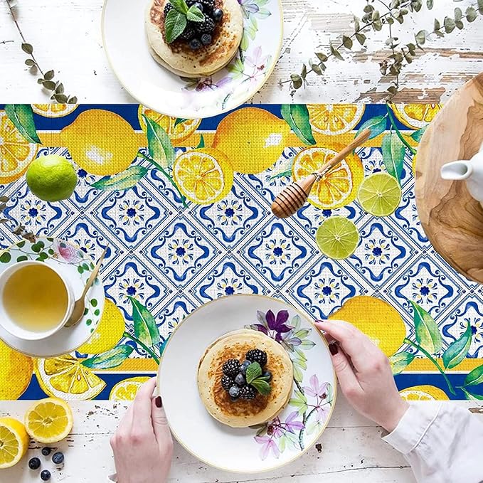 Capri Blue Lemon Table Runner Italy Tile Burlap Artificial Yellow Lemon Fruit - Image 2