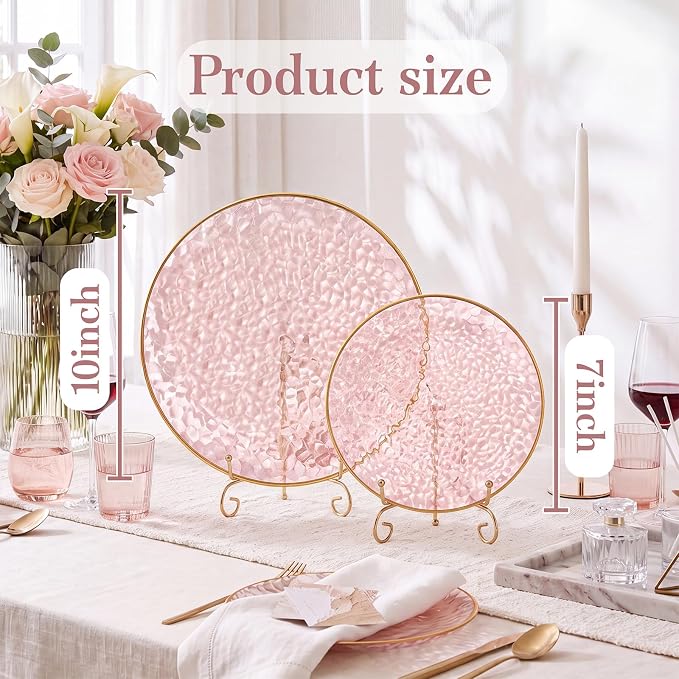 Rubtlamp 60Pcs Pink Plastic Plates, Hammered Gold Plates Include 30Pink Plastic - Image 2