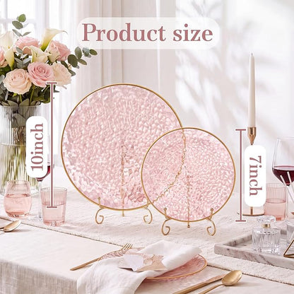Rubtlamp 60Pcs Pink Plastic Plates, Hammered Gold Plates Include 30Pink Plastic - Image 2