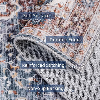 Rugs 5x7 Washable Rug, Non Slip Large Rug for Living Room Bedroom Dining Room, Low-Pile Kid & Pet Friendly Distressed 5x7 Carpet Print Floor (Border Brown/Navy Blue)