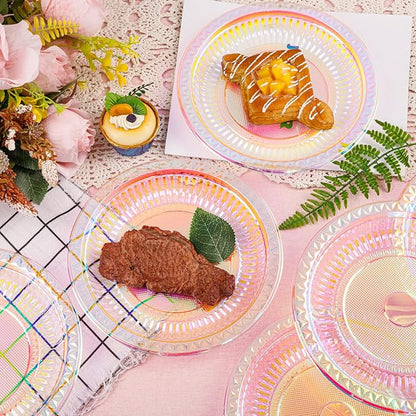 WELLIFE Iridescent Plastic Plates 9 Inch, 150 Count Disposable Plastic Dessert Plates for Disco Party Decorations Wedding Baby Shower Birthday Easter Valentine's Day Party