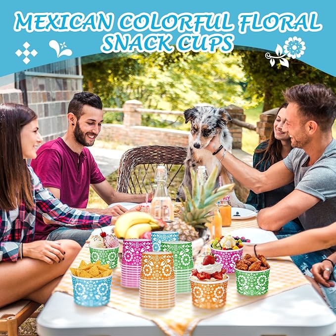 CHENGU 60 Pcs Mexican Flowers Snack Cups 9 oz Disposable Mexican Flowers Ice - Image 4