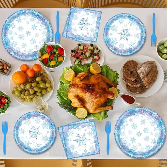 96 Pieces Snowflake Winter Tableware Set – Blue Disposable Plates, and Forks - Image 4
