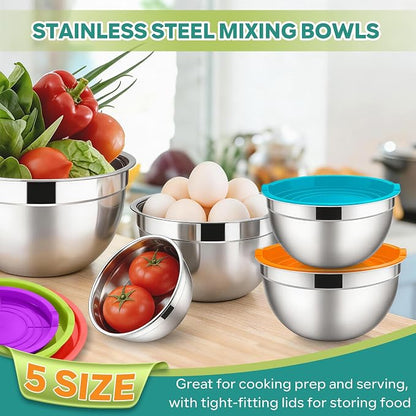 E-far Mixing Bowls With Lids Sets of 5, 10-Piece Stainless Steel Salad Metal - Image 4