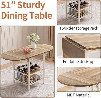 VFK 3 Piece Dining Table Set, 51 Inch Modern Kitchen Folding Breakfast Table with Right Seat Storage Corner Stools and Dining Chairs for Home Dining Room Furniture