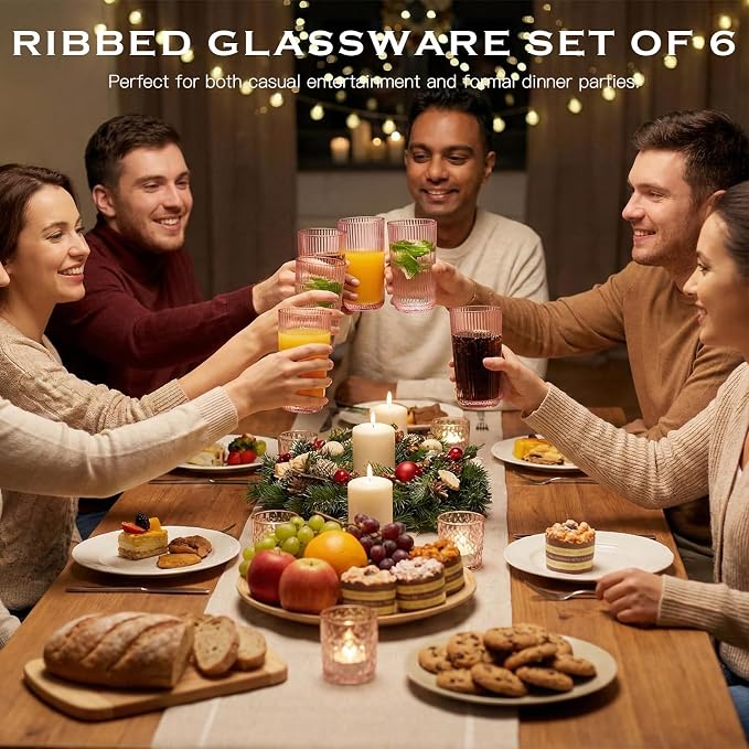 Pink Ribbed Highball Glasses Set of 6, 13.2oz Pink Colored Glassware, Drinking - Image 7