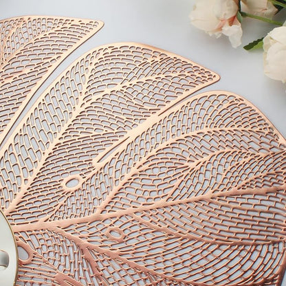 Evevda Rose Gold Leaf Shaped Vinyl Placemats for Dinner Table Set of 6 Metallic Plastic Place Mats Wipeable 6Pcs Table Mats for Wedding Annersary Dinner Table Decoration Mats(17.7x13.8inch/45x35cm)