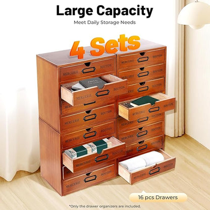 4PCS Stackable Wooden Desk Organizer with Total 16 Drawers, Apothecary Cabinet Library Card Catalog Cabinet Tabletop Vintage Apothecary Chests Cabinets Herb Storage Box with Drawers