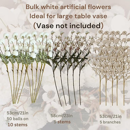 20pcs White Artificial Flowers Bulk For Vase That Look Real, White Flower Centerpiece For Table, Silk Floral Home Decor Indoor, Faux Kiku + Eucalyptus Stems + Wildflowers, Flores Blancas Artificiales