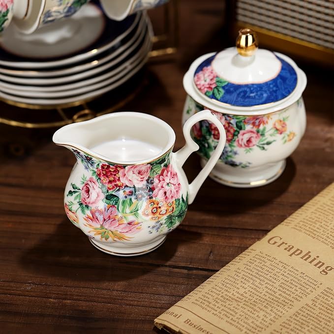fanquare 21-Piece Blue Lace Porcelain Tea Set, China Coffee Cup and Saucer Set - Image 3