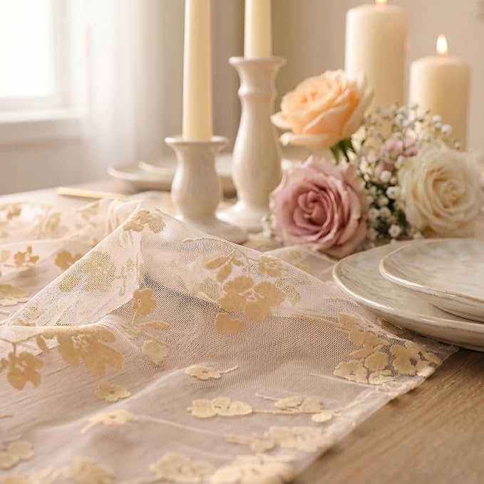 Artoid Mode Pink Gauze Flocking Flowers Table Runner 10FT, Spring Sheer Dining - Image 6