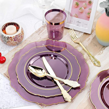 KIRE 210Pcs Purple Plastic Plates with Gold Rim& Silverware &Cups&Hand Napkin - Baroque Clear Plastic Dinnerware for Upscale Wedding/Parties Plates
