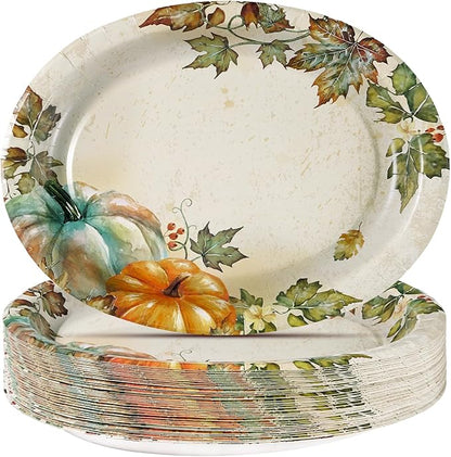 50 Pcs Fall Oval Paper Plates 10"×12" Large Vintage Watercolor Pumpkins Plates Disposable Heavy Duty Thanksgiving Platters for Fall Thanksgiving Party Decorations Autumn Holiday Harvest Party Supplies