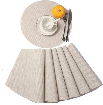 SHACOS Small Round Table Placemats Set of 5 Wedge Shaped Place Mat with Centerpiece Round Mat Heat Resistant Table Mats Washable (5, Beige)