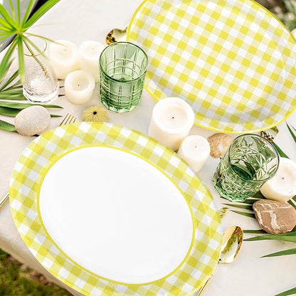 50Pcs Yellow Gingham Oval Paper Plates 10"x12" Large Yellow and White Buffalo Checkered Plaid Plates Disposable Heavy Duty Gingham Party Supplies for Picnic BBQ Baby Shower Birthday Party Decorations