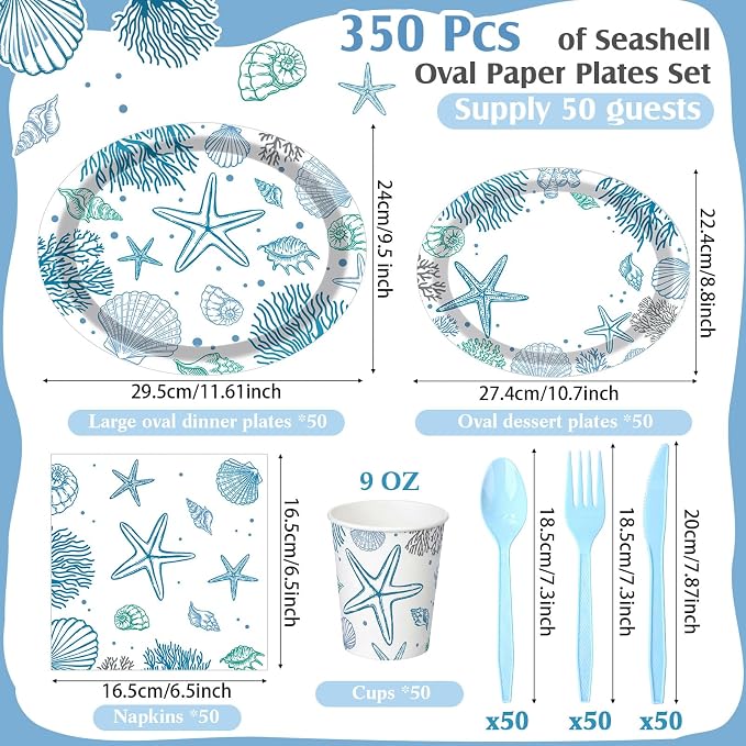 350 Pcs Ocean Seashell Party Decorations 12 in Summer Disposable Oval Plates - Image 3