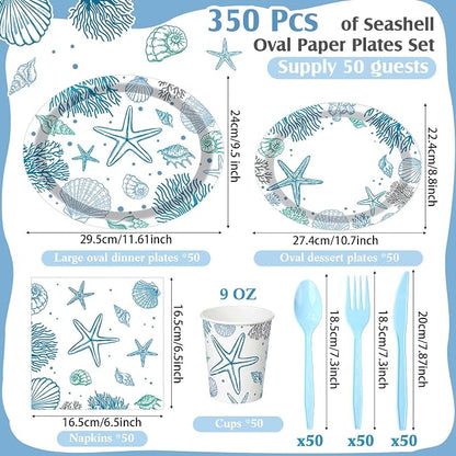 350 Pcs Ocean Seashell Party Decorations 12 in Summer Disposable Oval Plates - Image 3