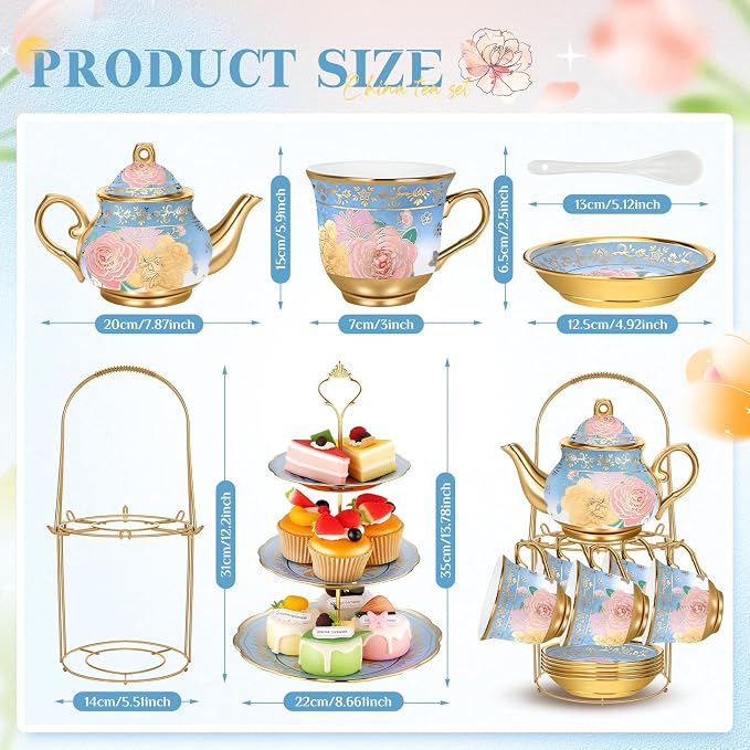 21 Pcs Ceramic Teapot Set Vintage Porcelain Tea Cups - Image 2