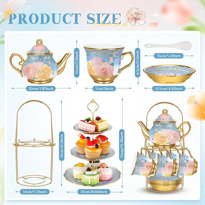 21 Pcs Ceramic Teapot Set Vintage Porcelain Tea Cups - Image 2