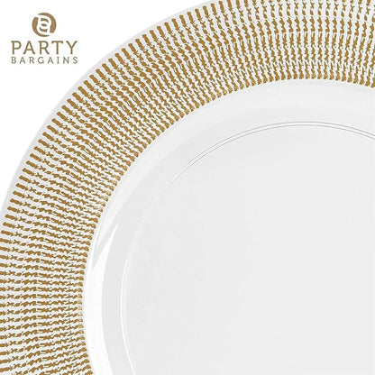 PARTY BARGAINS 13-Inch Charger Plates - 4 Pack, Clear Gold Textured Rim, Heavy-Duty Disposable Chargers for Elegant Dining - Ideal for Weddings and Formal Events