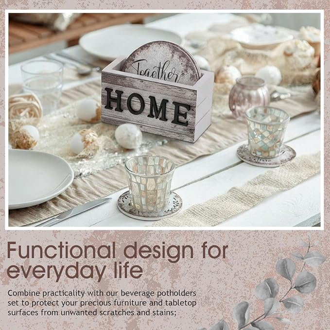 Queekay Coasters Set of 6 House Warming Gifts New Home Wooden Farmhouse Drink - Image 5