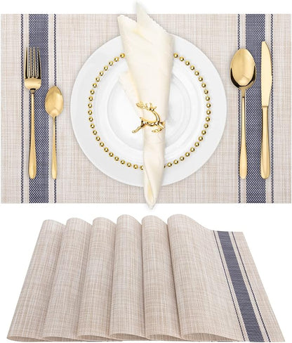 Winknowl Placemats Set of 6, Heat Resistant Non-Slip Vinyl Woven Table Mats for Dining Table, Washable Durable Elegant Place Mats for Kitchen Indoor/Outdoor Use (Beige Blue)