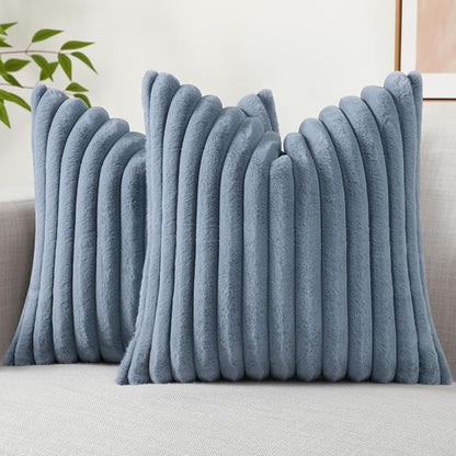 decorUhome Cozy Faux Fur Spring Throw Pillow Covers 20x20 Set of 2 Decorative Soft Plush Striped Modern Farmhouse Boho Couch Pillow Cases with Velvet Back for Sofa Bed Living Room, Grey Blue