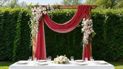 Pearl Table Runner Gauze Sheer 19FT Wedding Draping Fabric Decor | Red Summer - Image 3