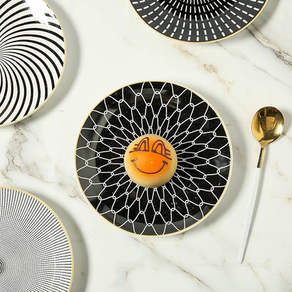8 Inch Set of 4 Assorted Designs, Porcelain Plates With Patterns,Black Ceramic Dessert Plates, Dishware with Golden Rim for Sandwiches Salad Pasta, Microwave Oven Dishwasher Safe (A)