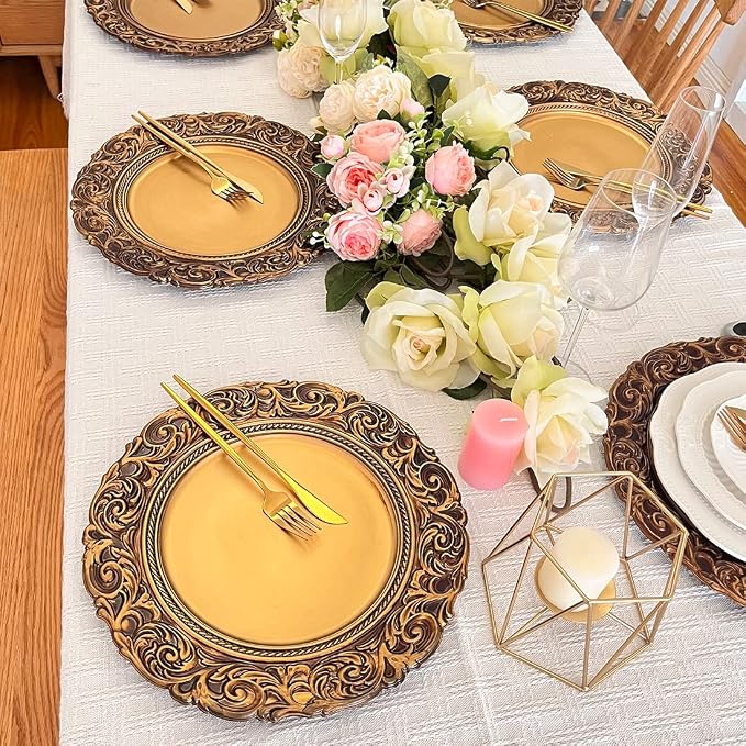 Antique Gold Charger Plates, 13 Inch Dinner Plate Chargers Round Server Ware. - Image 4