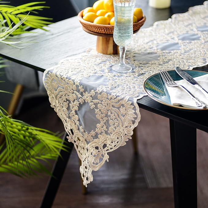 SUTAVIA Lace Table Runner 12"×108" Gold Embroidered Dresser Scarf | Classic - Image 3