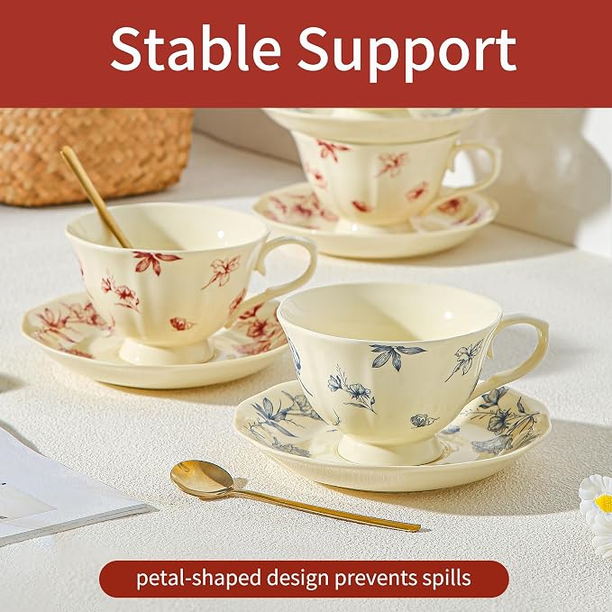 Vintage Fancy Porcelain Tea Cups and Saucers Set of 4, 8 oz China Ceramic - Image 5