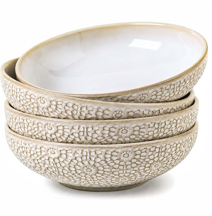 8" Ceramic Pasta Bowls, 22 Oz Serving Bowls Set of 4, Porcelain Shallow Soup by FEENMAICeramicHome