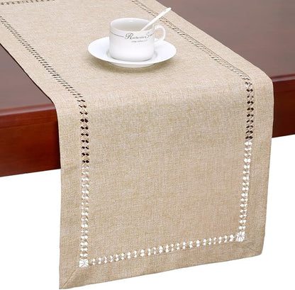 Grelucgo Handmade Hemstitch Beige Table Runner Or Dresser Scarf, Rectangular 14 - Image 2