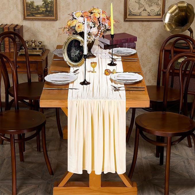 Beige Velvet Table Runner 29 x 120 Inch Luxury Farmhouse Tabletop | 3 Pieces - Image 6