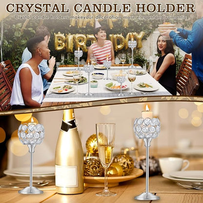 Crystal Metal Tealight Candlestick, Bling Bowl Candelabras, Tall Crystal Candle Holders Elegant Candle Centerpiece for Dining Table Wedding Home Mantel Decor (Silver, 2 Sets(6 Pcs))