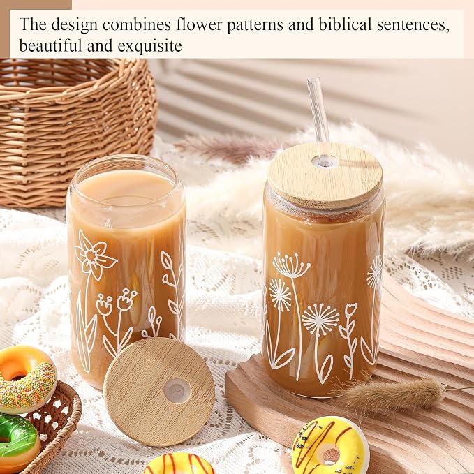 Mumufy 2 Pack Glass Cups Gift Aesthetic Cute Glass Cup Tumbler Flower Iced - Image 5