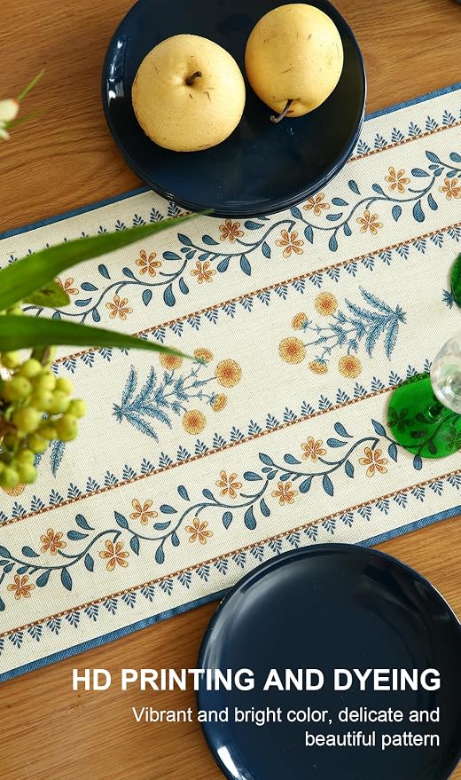Designer French Linen Extra Long Table Runner, Pale Yellow Floral Pattern - Image 4