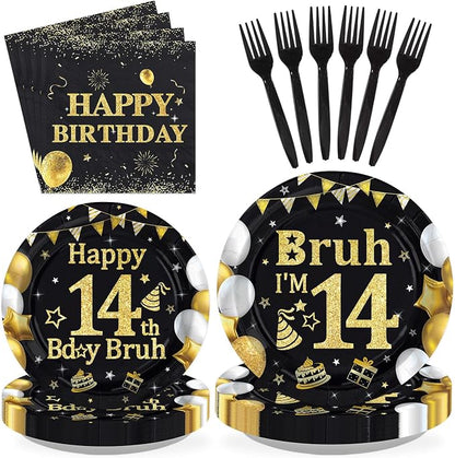 96 Pcs Bruh 14th Birthday Party Black Gold Decorations, Serves 24 | Black Gold by Greencian