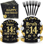 96 Pcs Bruh 14th Birthday Party Black Gold Decorations, Serves 24 | Black Gold by Greencian
