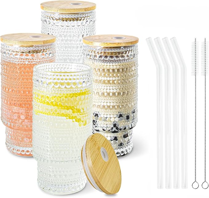 Glass Cups with Lids and Straws 16 oz Hobnail Drinking Glasses | Vintage Iced by ICESIP